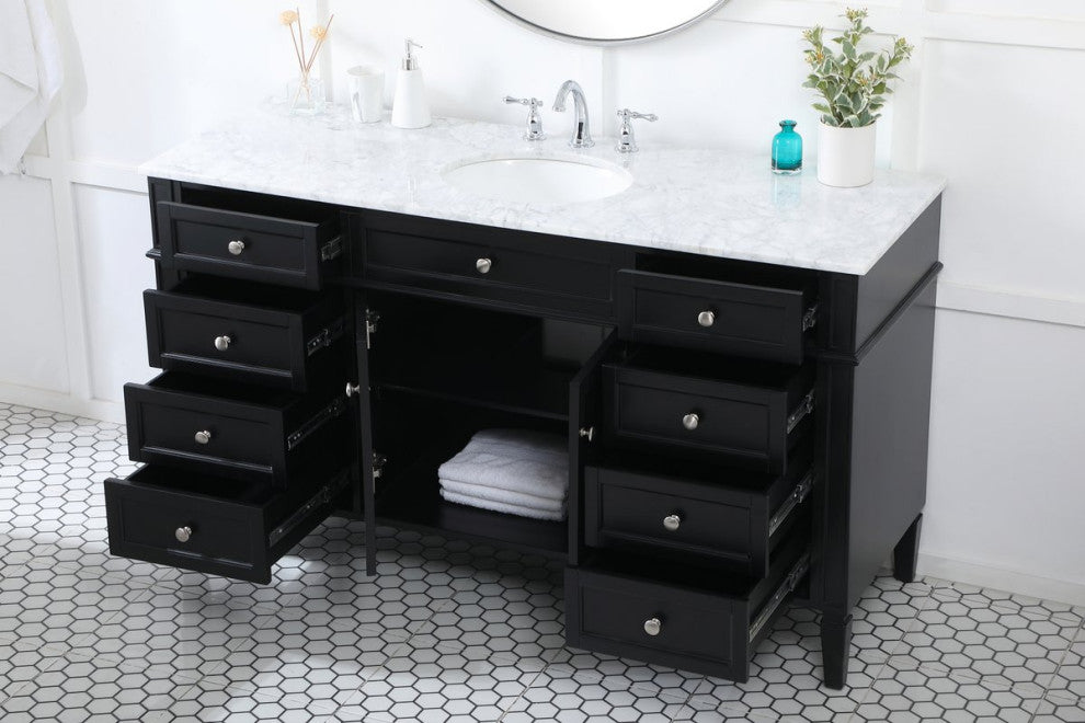 Home Living Vanity with Carrara White Marble Countertop, Black, 60", Single Sink