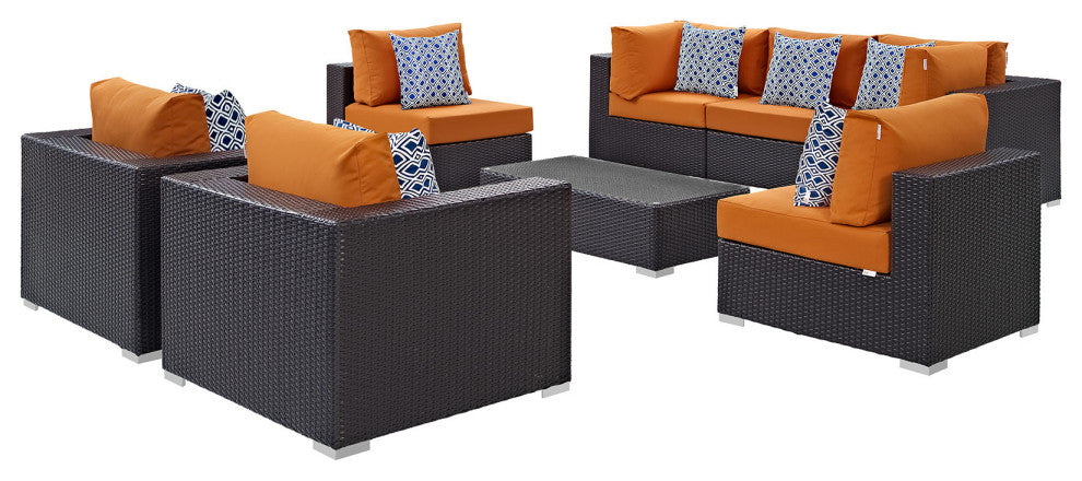 Modway Convene 8 Piece Outdoor Patio Sectional Set, Espresso Orange