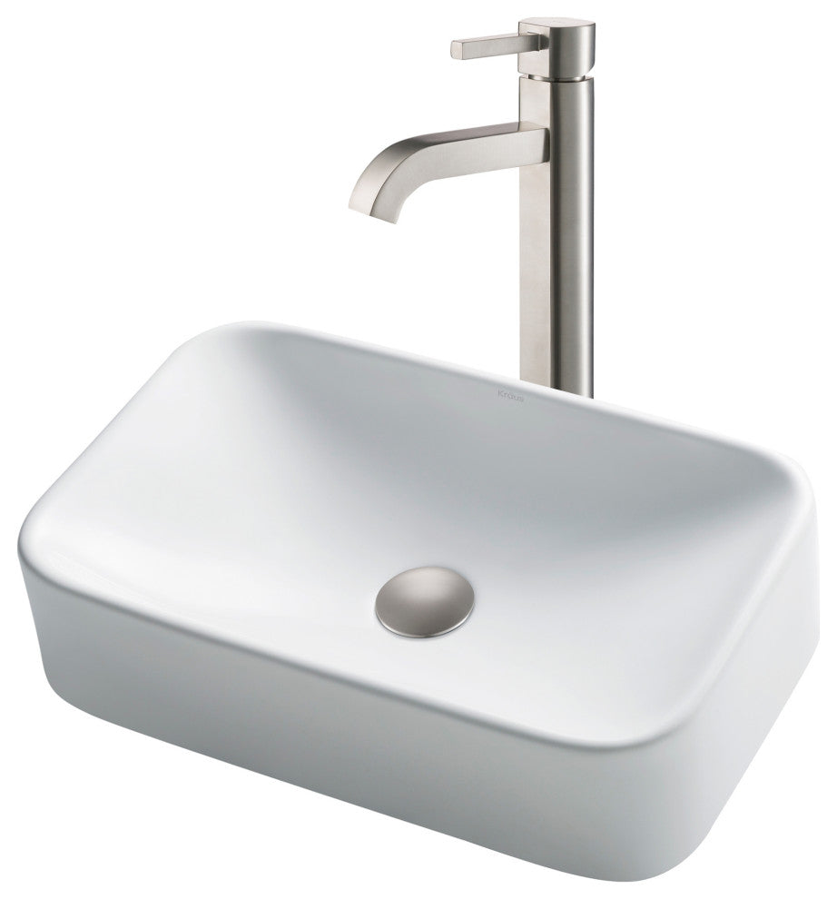 Elavo Rectangle Ceramic Vessel Sink, Bathroom Ramus Faucet, Drain, Nickel