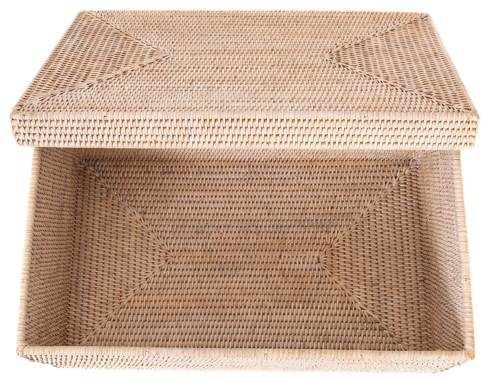 Artifacts Rattan Rectangular Storage Box With Lid, White Wash, 14"x10"x6"