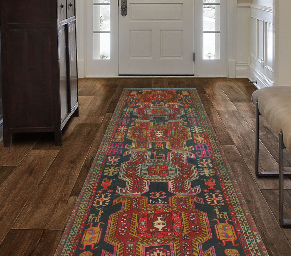 Fine Vintage Distressed Diano Charcoal/Burgundy Runner, 3'7x10'6