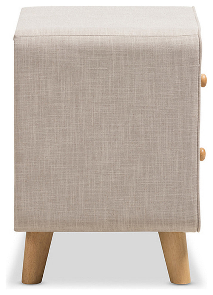 Urban Designs Jonesy Mid-Century Beige Linen Upholstered 2-Drawer Nightstand
