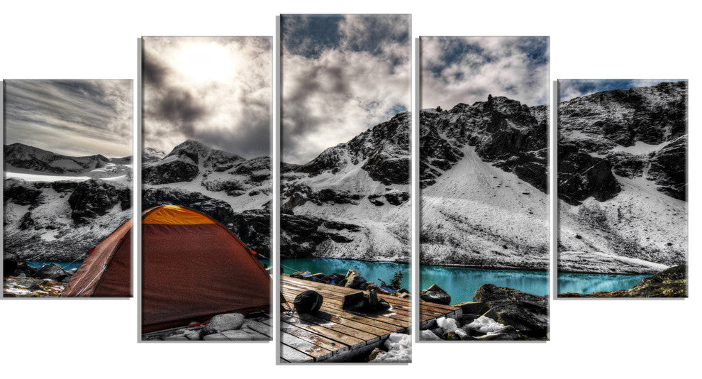 Campsite above Turquoise Lake, Landscape Canvas Art Print, 60"x32", 5 Panels