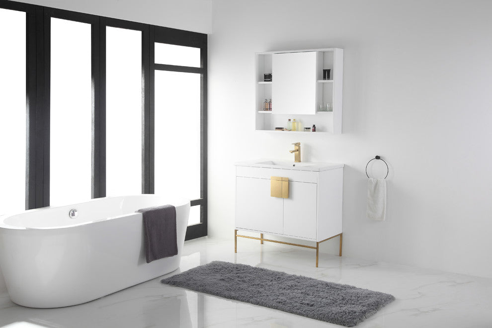 Modern White Bathroom Vanity Set, Satin Brass Hardware, Vireous China Sink Top