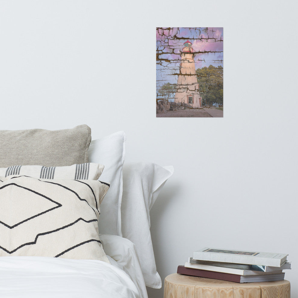Faux Wood Texture Marblehead Lighthouse at Sunset Unframed Wall Art Prints, 12" X 16"