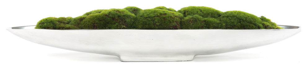 Faux Green Grass Moss Arrangement, Small Metal Boat Tray
