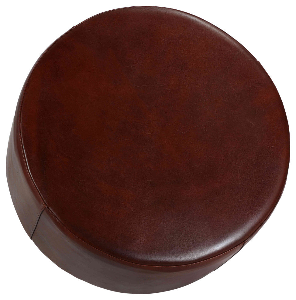 Bare Decor William Genuine 100% Leather Round Ottoman, Brown