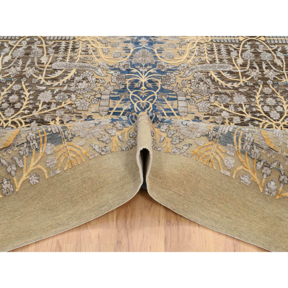 Tan/Brown Silk With Textured Wool Hand Knotted Sarouk Square Rug, 12'0"x12'2"