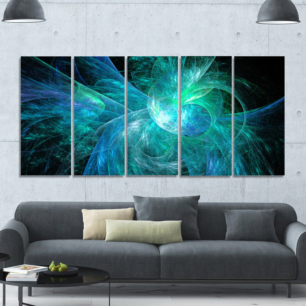 Blue on Black Fractal Illustration, Abstract Canvas Art Print, 60"x28", 5 Panels