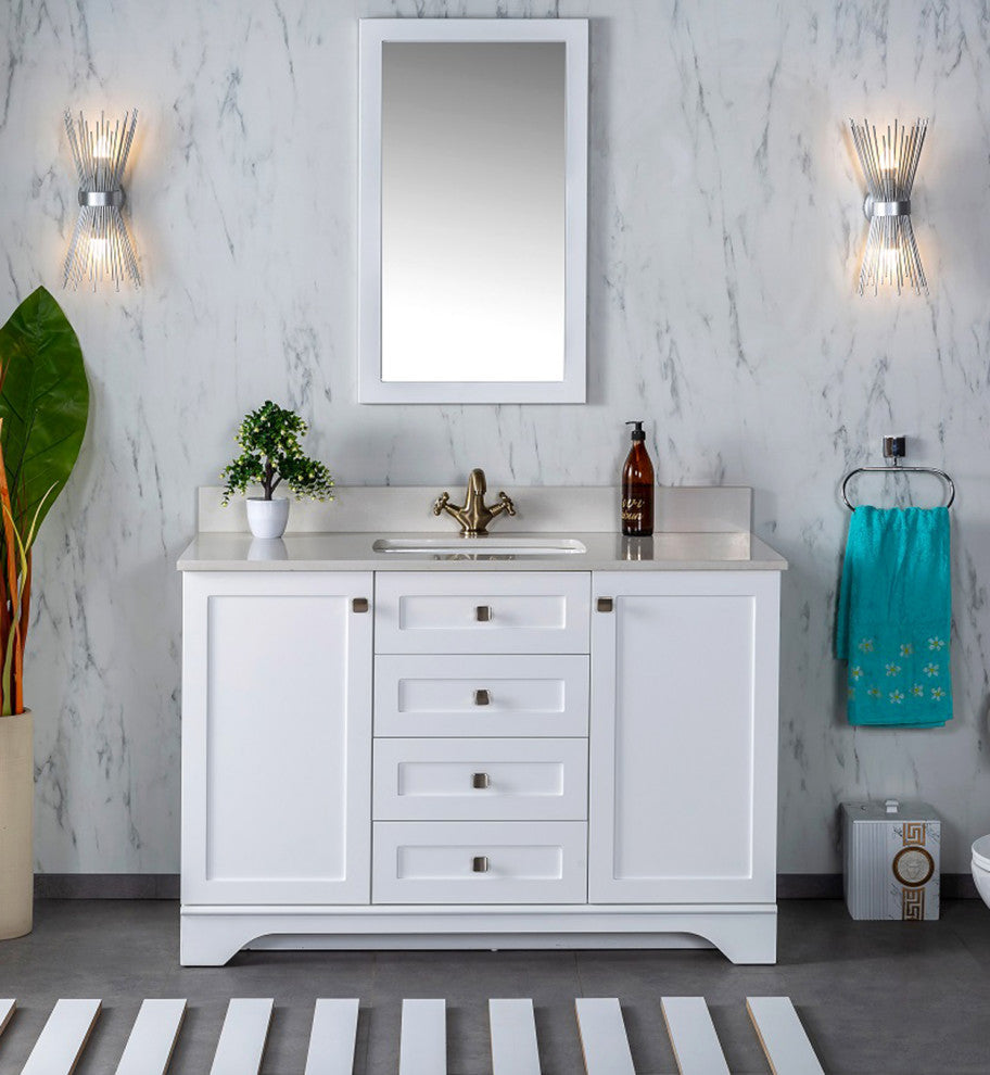 Livia Collection 48" Bath Vanity Quartz Top and Ceramic Sink, White, 48"