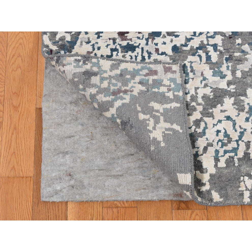 Carbon Gray Modern Abstract Design Hand Knotted Wool and Silk Rug 9'10"x13'7"