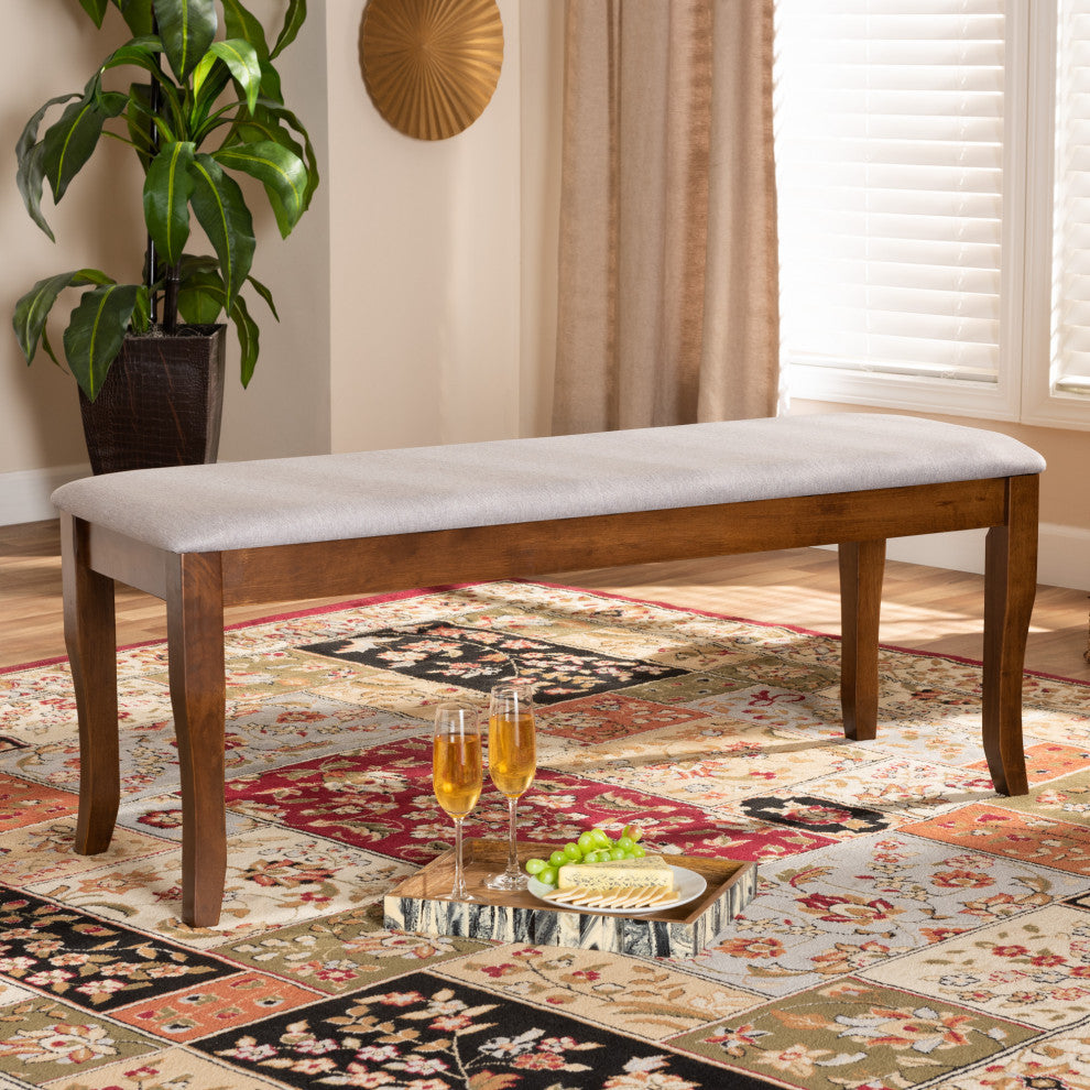 Aerni Transitional Gray Upholstered and Walnut Brown Wood Dining Bench