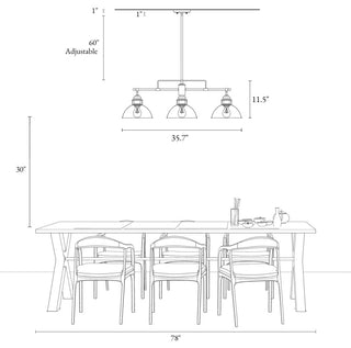 LALUZ 3-Light Linear Industrial Kitchen Island Lighting, Matte Black and Gray