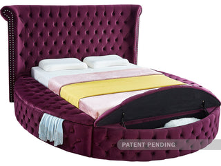Luxus Button Tufted Velvet Round Bed, Purple, Full