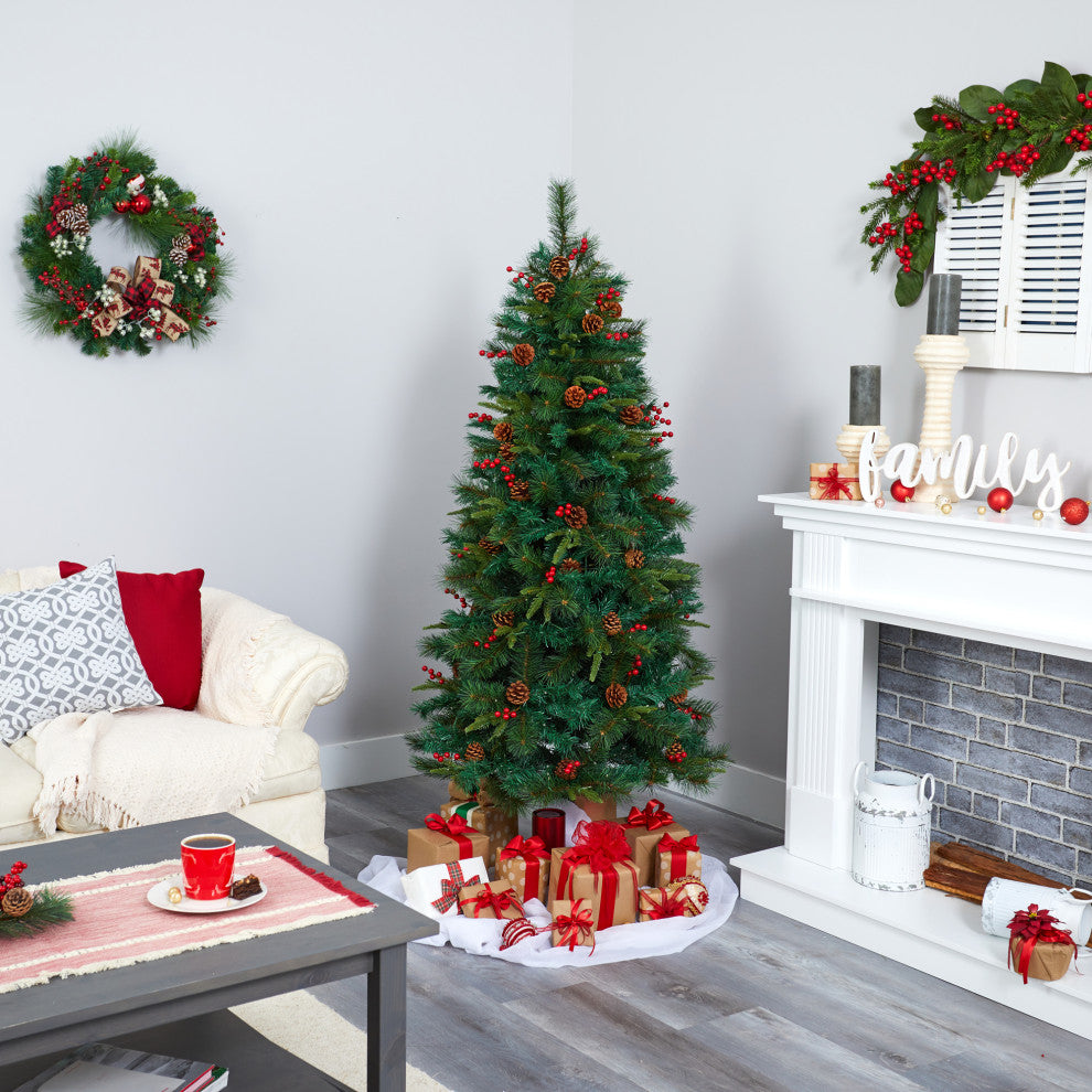 6' Mixed Pine Faux Xmas Tree With 250 Clear LED Lights, Pine Cones and Berries