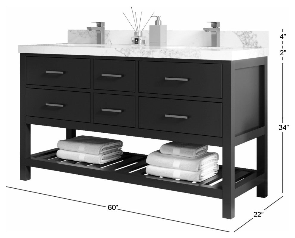 Parker 60" Double Sink Bath Vanity, Black 2" Venatino Quartz