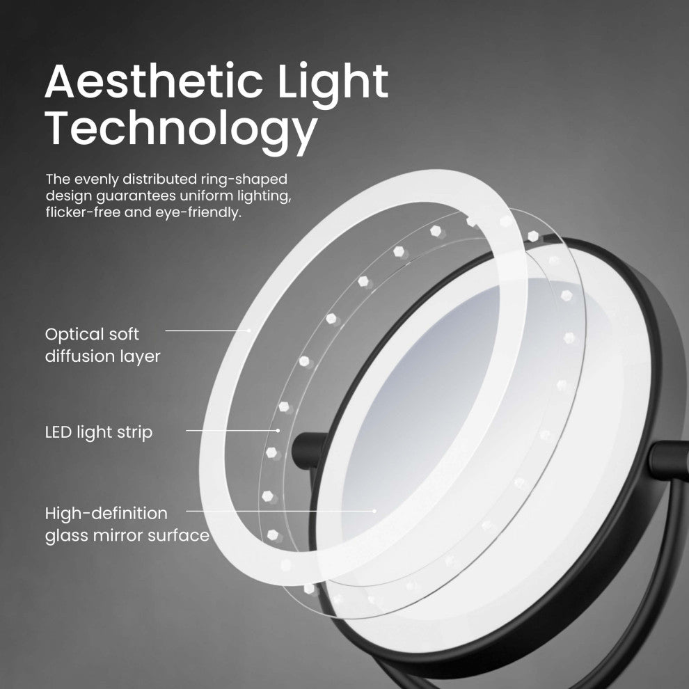 Circular LED Free Standing Magnifying Make Up Mirror, Matte Black