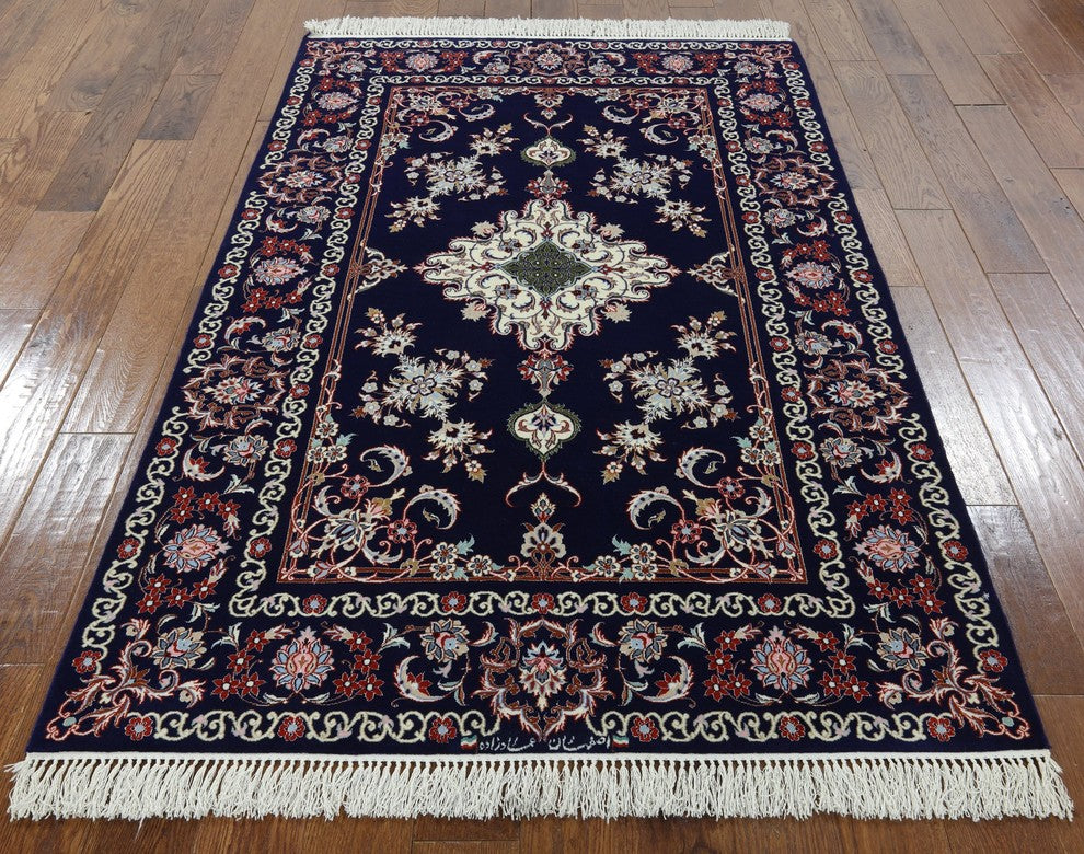 Wool and Silk Signed Authentic Persian Isfahan Hand Knotted Area Rug, 4'x6'