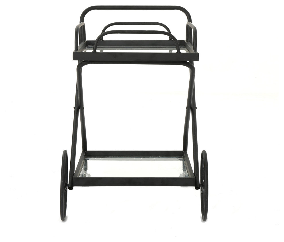 GDF Studio Presley Indoor Black Iron Bar Cart With Tempered Glass Shelves