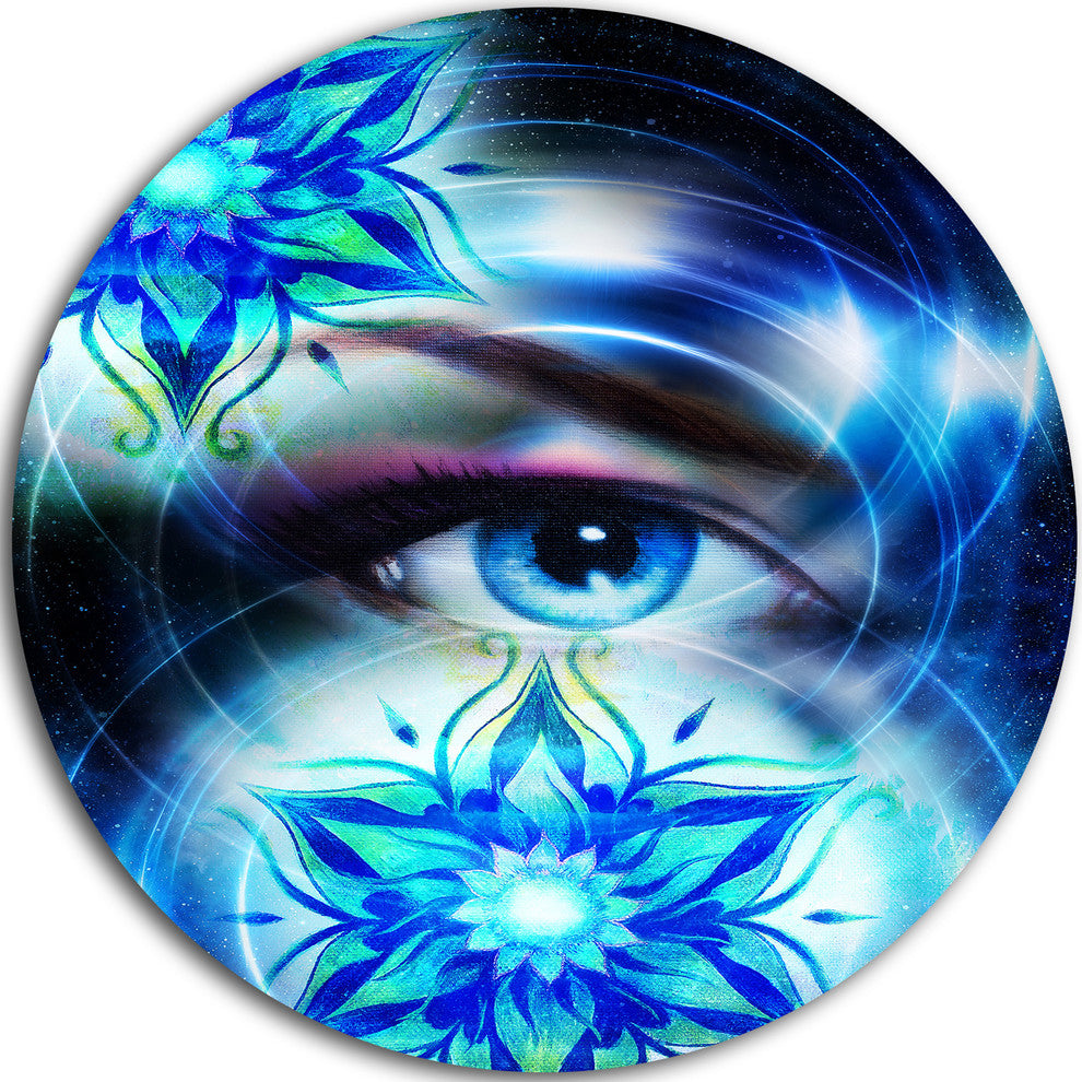 Woman Eye With Fractal Flowers, Floral Digital Art Round Wall Art, 23"
