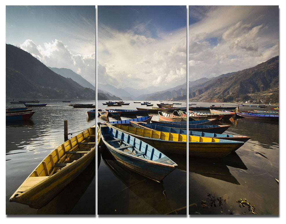Pokhara Lakeside Boats, Boat Triptych Canvas Art Print, 36x28, 3 Panels
