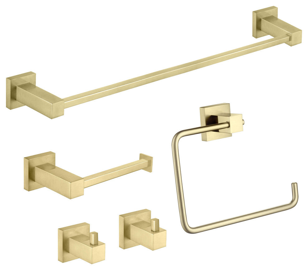 Cube 5-Piece Bathroom Hardware Set, Brushed Gold