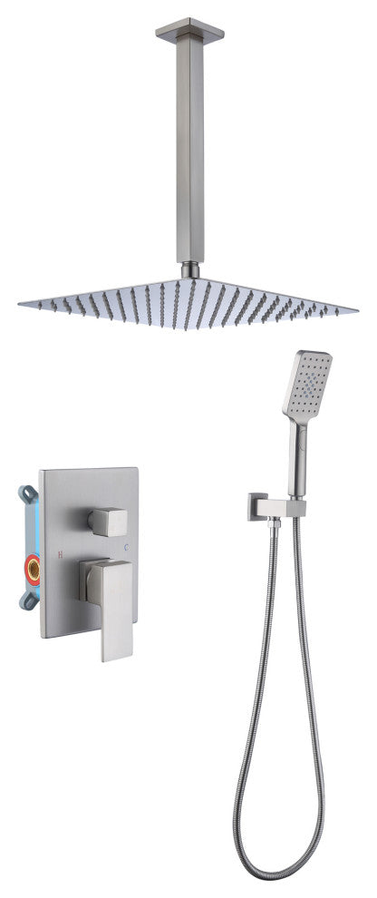 CASAINC 12" Ceiling Mounted Modern Waterfall Shower System Set, Brushed Nickel