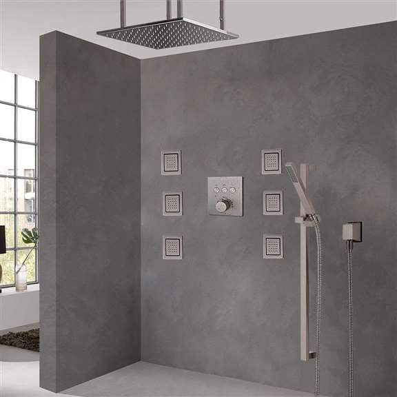 FontanaShowers Brushed Nickel Ceiling Mount Rainfall Shower Set, Thermostat