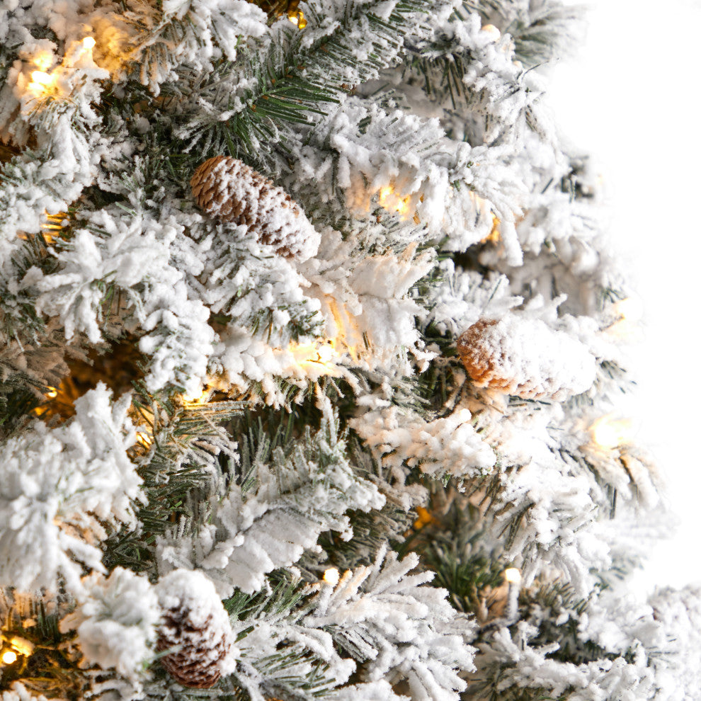9' Flocked White River Mountain Pine Christmas Tree With Pinecones, 650 LEDs