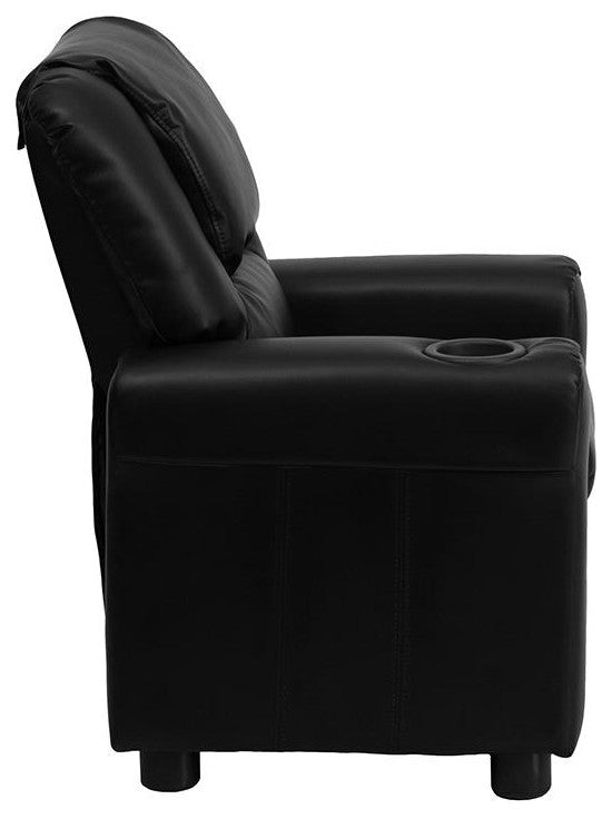 Contemporary Black Leather Kids Recliner With Cup Holder and Headrest
