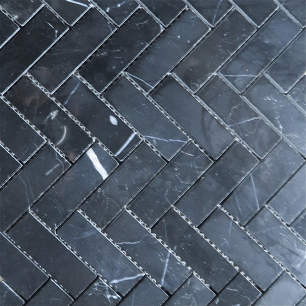 Nero Marquina Black Marble 1x3 Herringbone Mosaic Tile Polished, 1 sheet