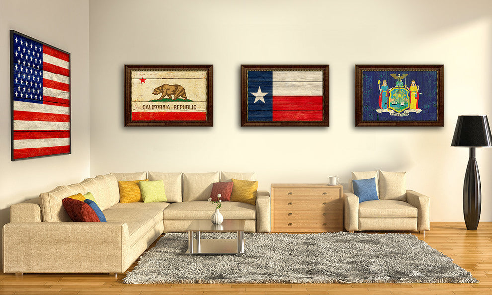 Texas State Textured Flag Print With Brown Gold Frame, 23"x33"