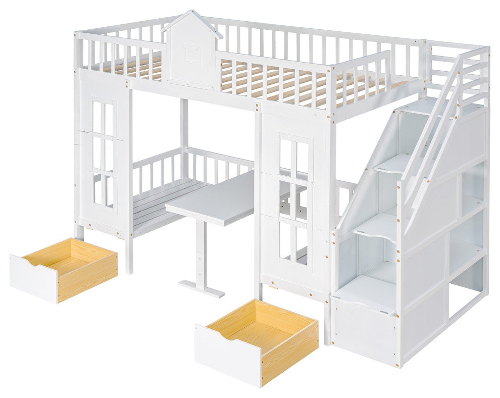 Gewnee Wood Twin-Over-Twin Bunk Bed with Table and Drawers in White