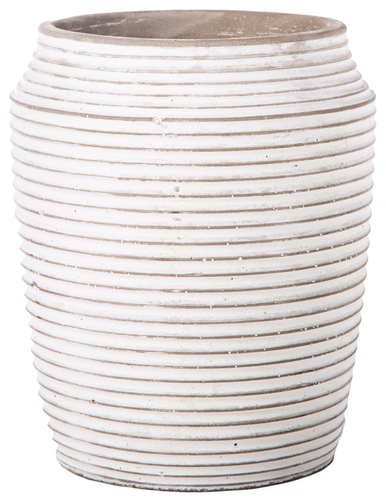 Round Cement Pot with Embossed Stripe Pattern Washed White Finish, Small