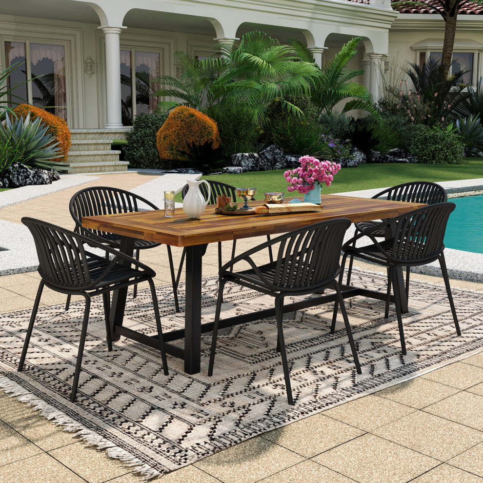 GDF Studio 7-Piece Outdoor Dining Set, Table & Stackable Chairs, Black/Teak