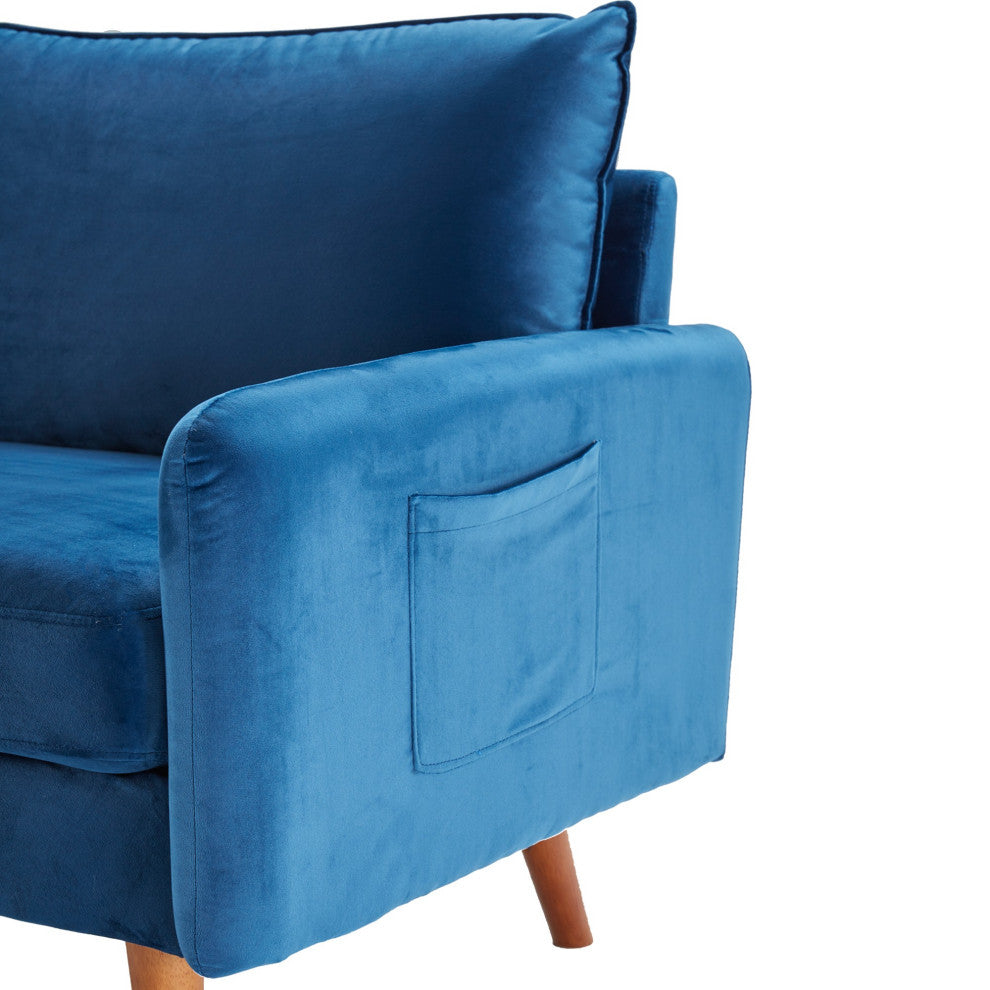 Blue Contemporary Velvet Sofa With Side Pockets