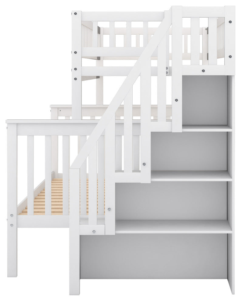 Gewnee Wood Twin Over Full  Bunk Bed with Storage Stairway in White