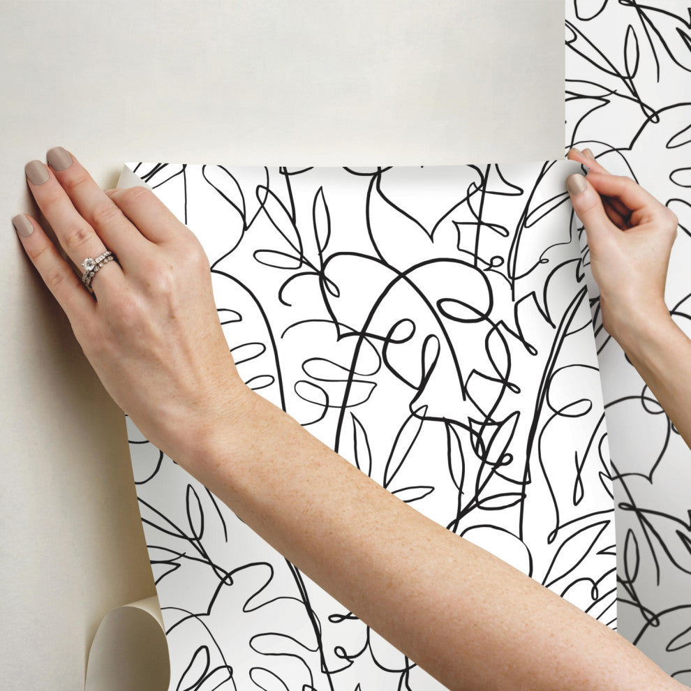 White and Black Tropical Signature Peel and Stick Wallpaper Black By Roommates