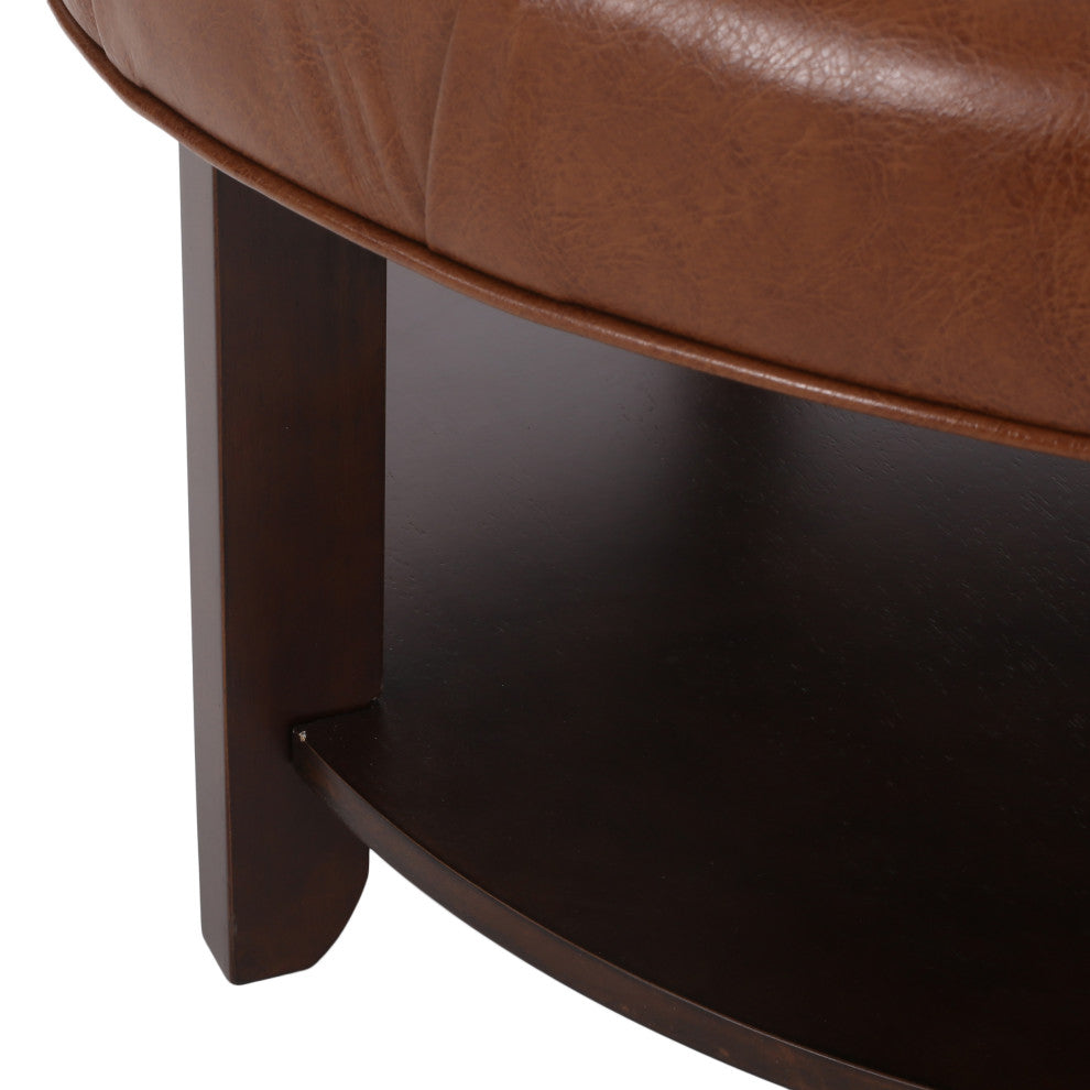 Baynes Faux Leather Tufted Wood Round Ottoman, Open Shelf, Cognac + Espresso