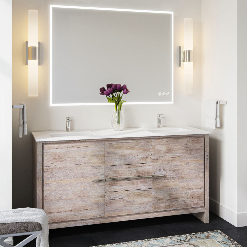 Esconde Bath Vanity, Natural Wood, 60", Double Sink, Freestanding