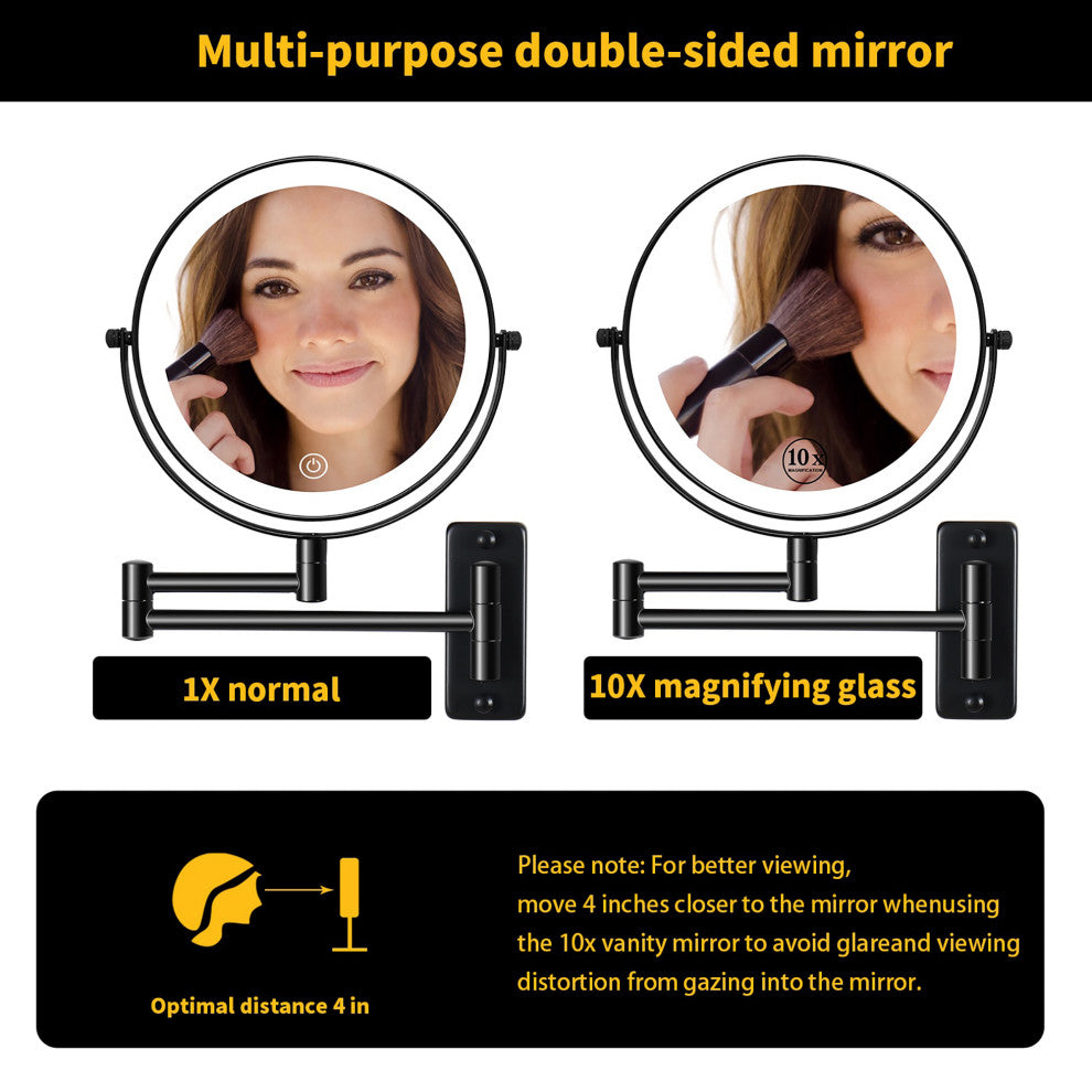 8 inch Double-Sided Framed Wall Mounted 10X LED Magnifying Bathroom Mirror, Black