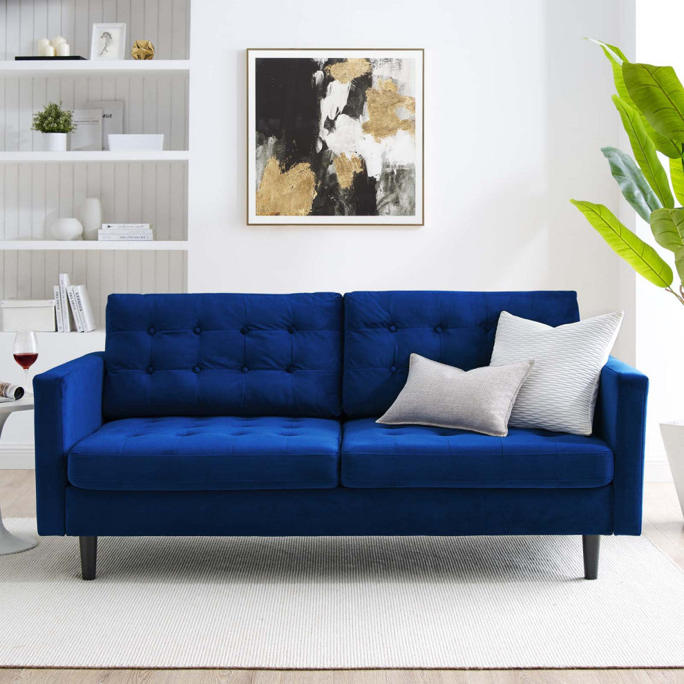 Tufted Sofa, Velvet, Blue Navy, Modern, Living Lounge Hotel Lobby Hospitality
