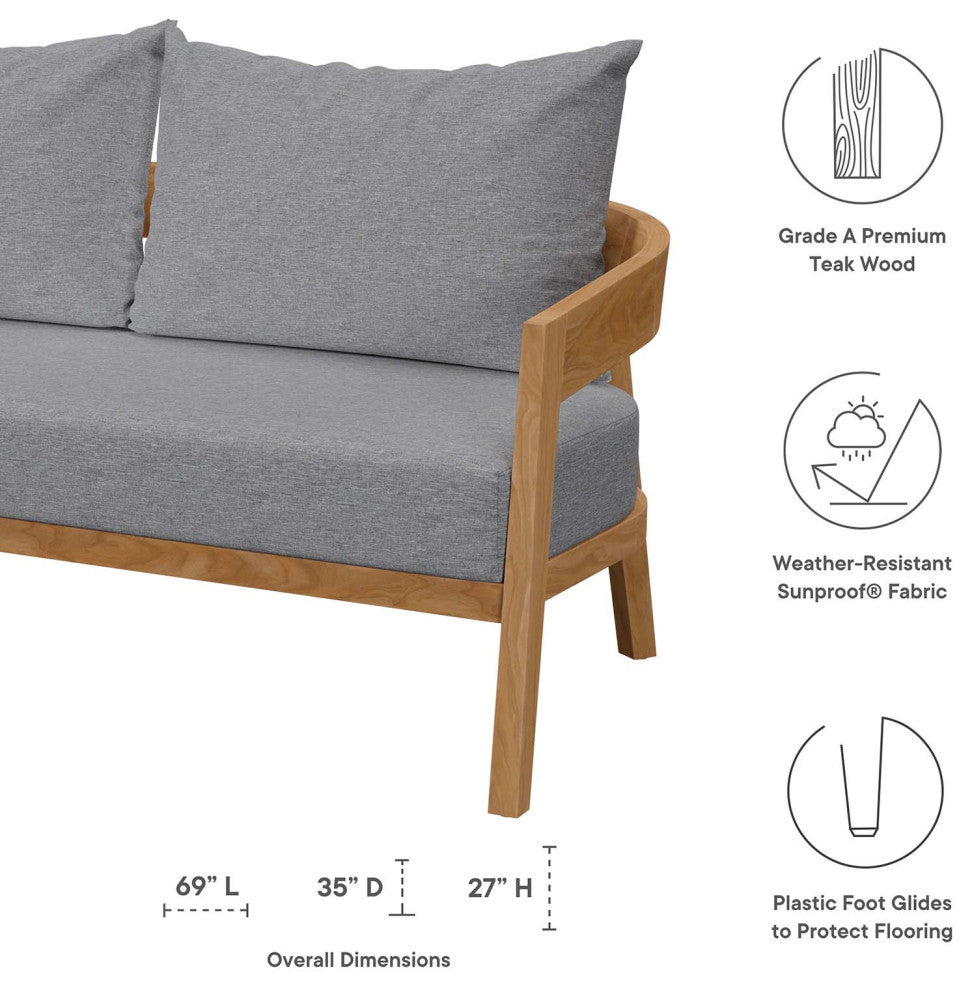 Lounge Loveseat Sofa, Gray Natural, Teak Wood, Modern, Outdoor Hospitality