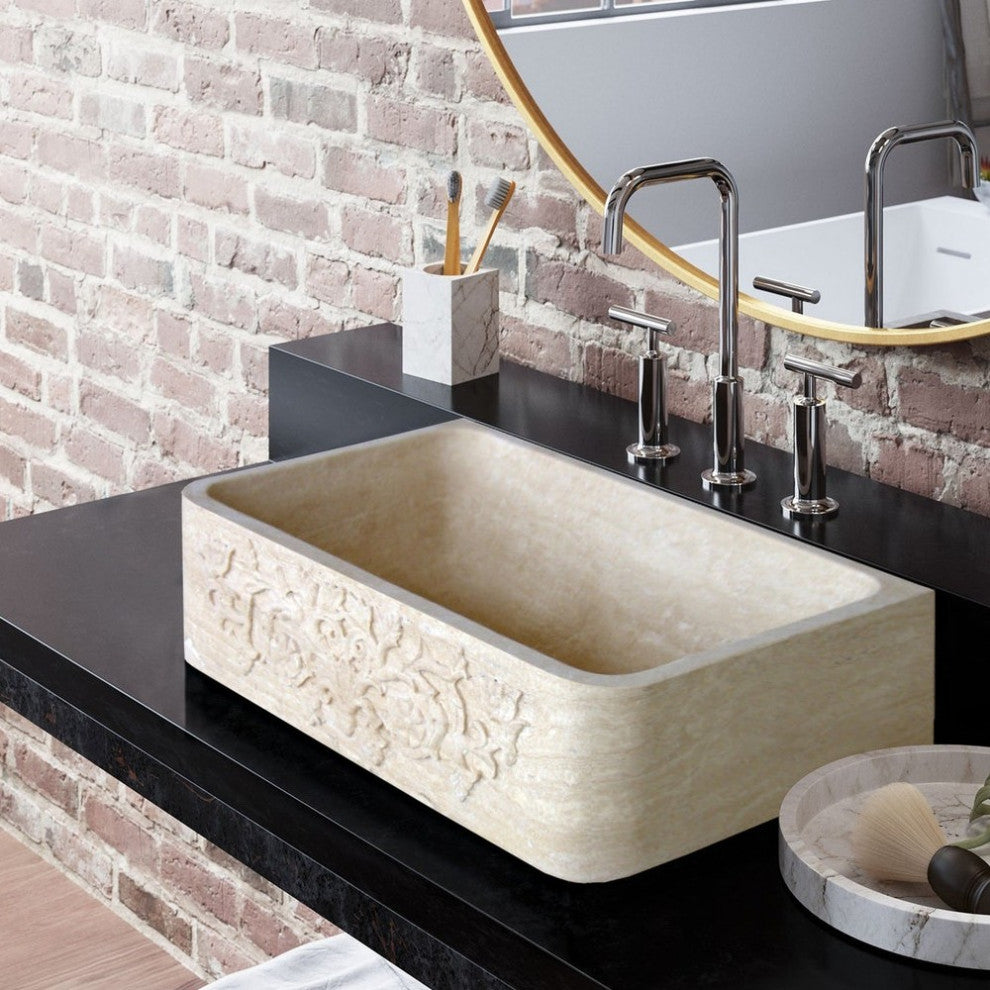 Troia Light Travertine Natural Stone Farmhouse Apron Kitchen Sink (W)18" (L)30"