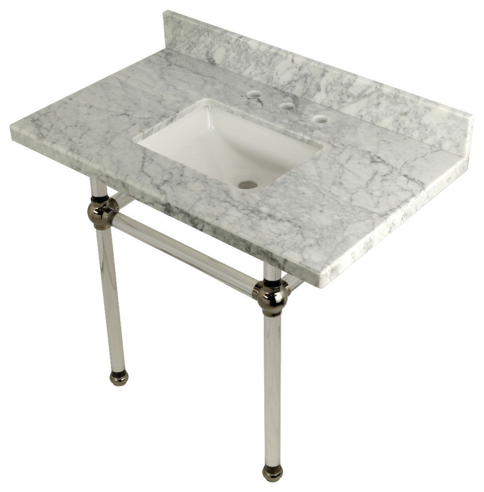 36X22 Marble Vanity Top w/Acrylic Console Legs, Carrara Marble/Polished Nickel
