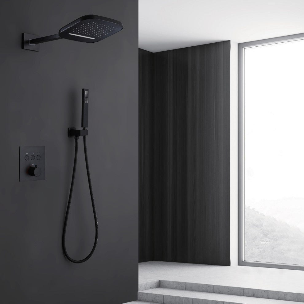 Thermostatic Rain Shower System with Hand Shower-Includes Rough-in Valve, Matte Black