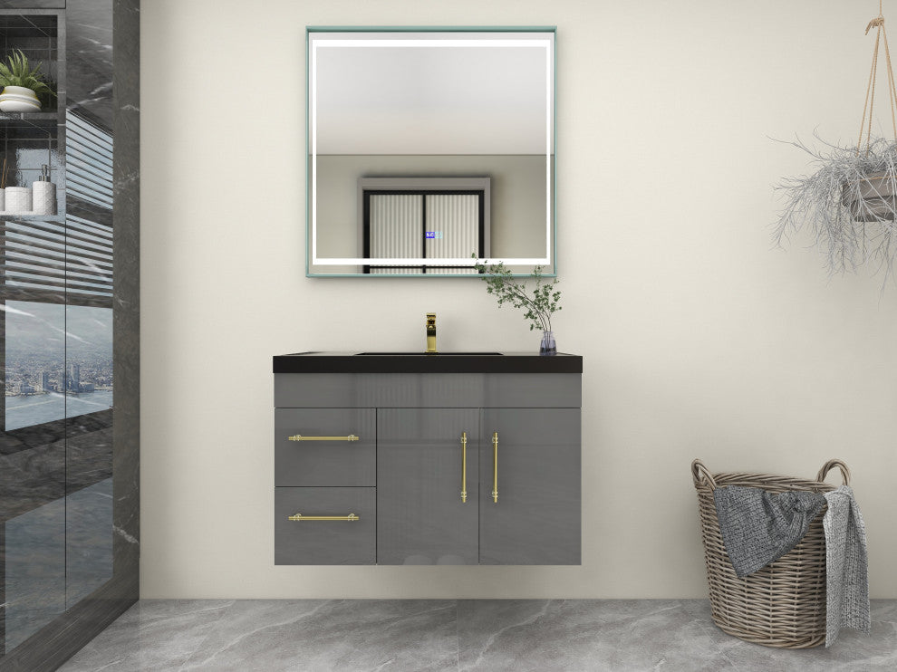 Rosa 36" Wall Mounted Modern Vanity, High Gloss Gray, Matt Black Top