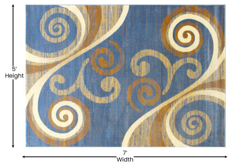 Valli Collection Modern Abstract Pattern Area Rug -Olefin with Jute Backing, Blue, 5' X 7'