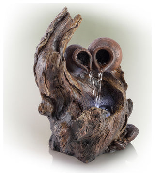 Alpine Two Jars on Tree Branch Tabletop Fountain With LED Light, 14" Tall