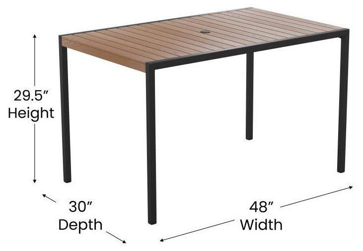 Lark 7 Pc Patio Set -4 Stacking Chairs, 30" x 48" Table & Umbrella with Base, Na